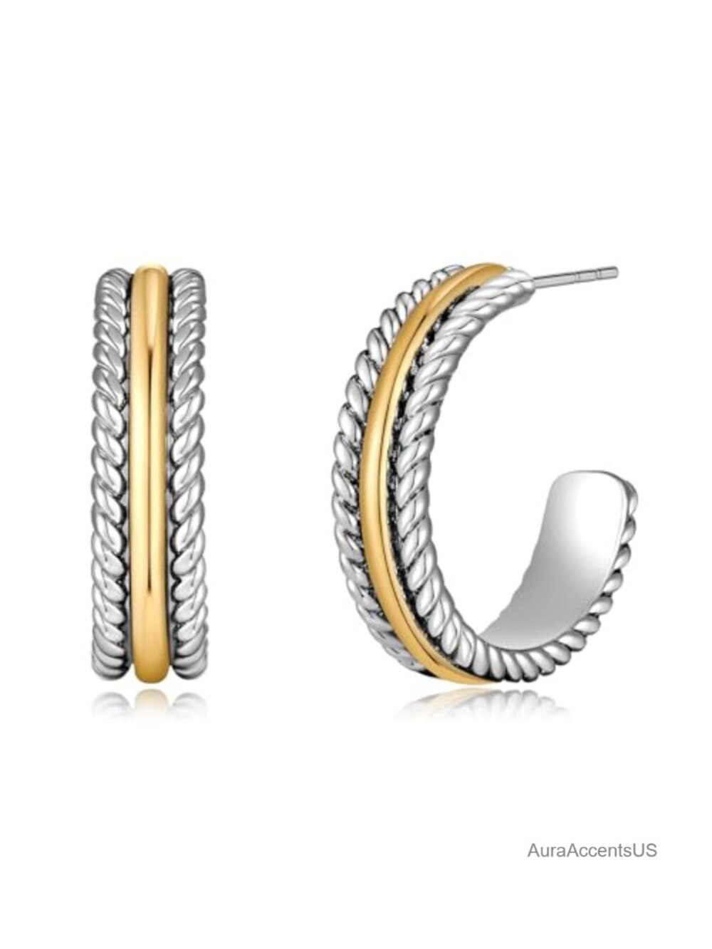 Two Tone C Hoop Stud Earrings Mixed Metal Gold and Silver Chunky Statement